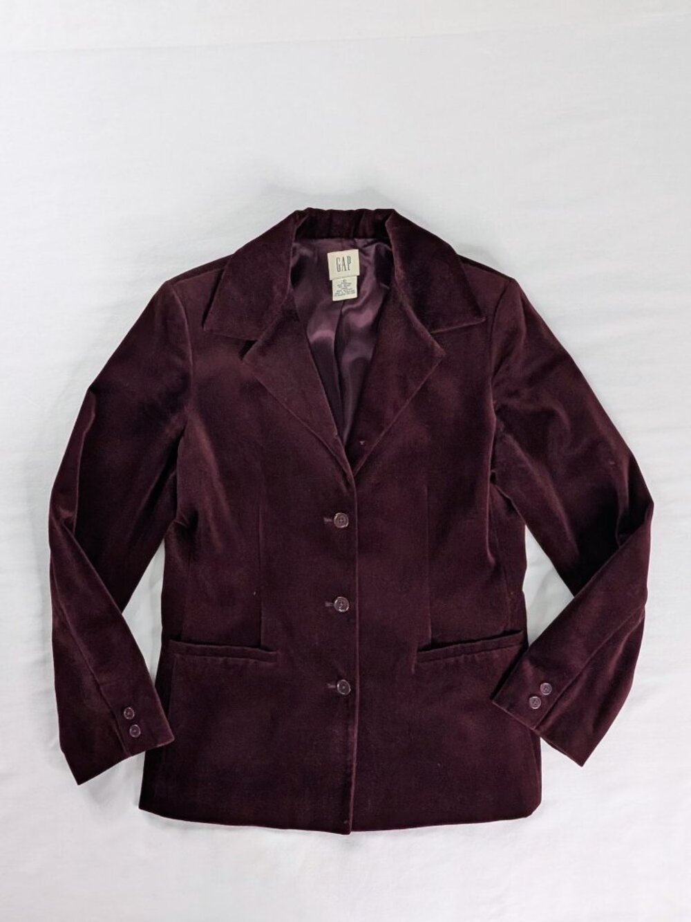 VTG Plum Deep Purple Velvet Button Front Satin Lined Blazer Jacket Gap
